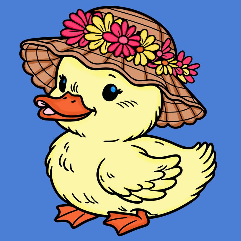 duckling wearing a flowery hat