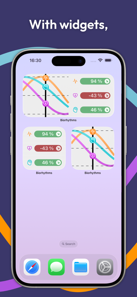 Daily Biorhythms - iPhone home screen displaying several Daily Biorhythms widgets showing physical emotional and intellectual cycle graphs and percentages.