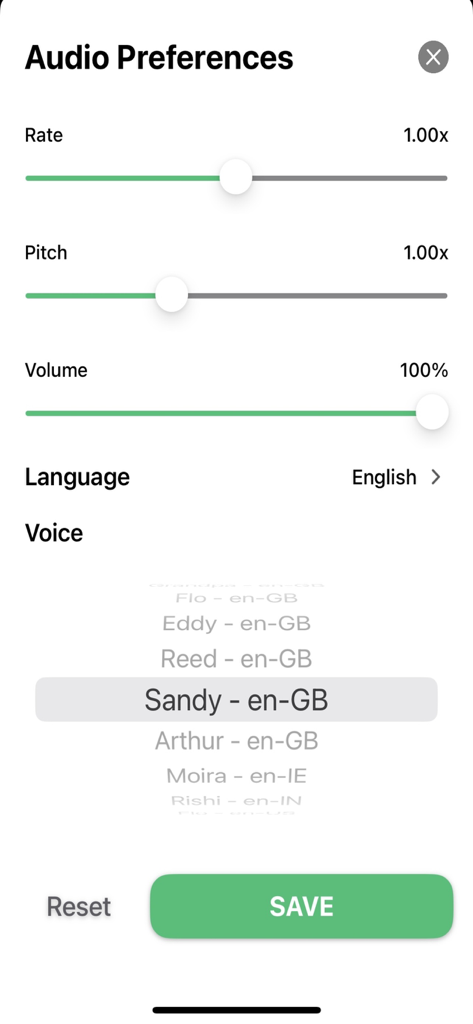 Pantalla de preferencias de audio que muestra deslizadores ajustables para la velocidad de lectura, el tono y el volumen, además de la selección de voz