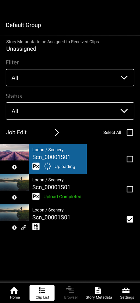 Sony | Creators' App for ENT - Aplicación Sony Creators para empresas que muestra la lista de clips de video y el estado de carga