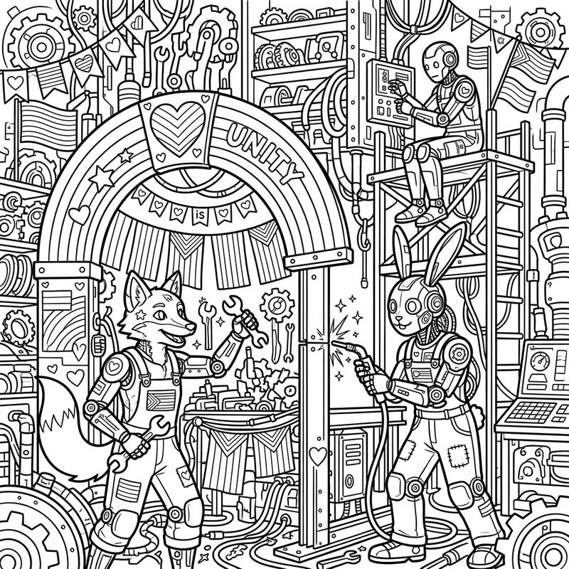 Join our diligent Maintenance Cyborgs—a fox, rabbit, and robot—as they celebrate Pride Month amidst a bustling, gear-filled workshop. This intricate coloring page combines mechanical marvels with symbols of unity and diversity.