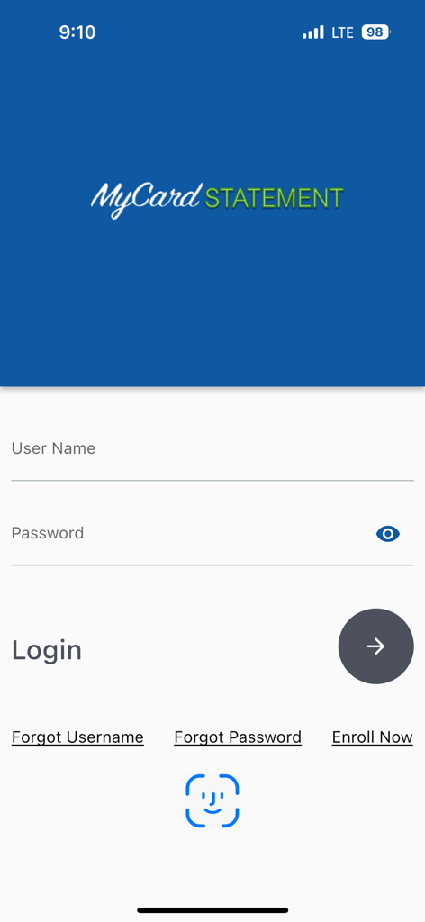 MyCardStatement - Login screen of the MyCardStatement mobile app for credit card management showing username and password fields.
