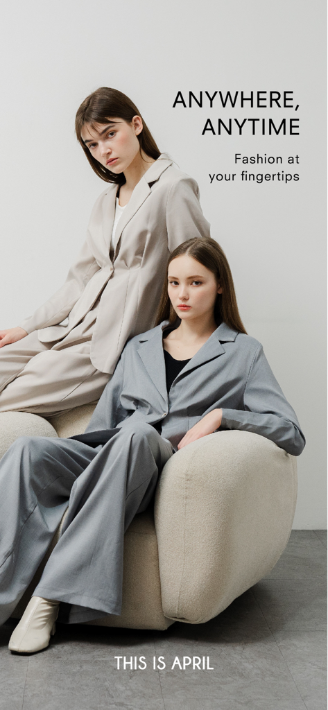 Two models wearing minimalist suits for the This Is April fashion app