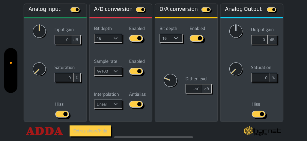 HoRNetADDA - HoRNetADDA app interface showing controls for analog input, digital conversion, and bitcrushing settings