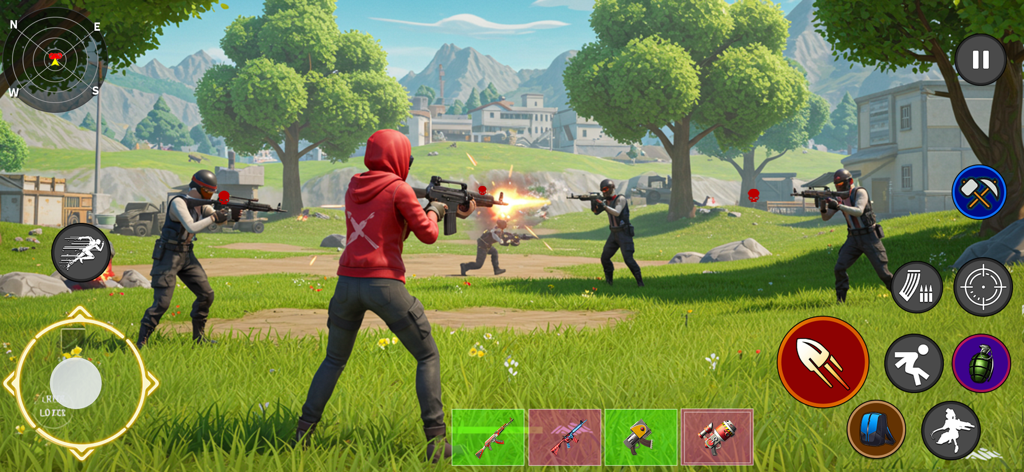 Cover Fire Max Battlegrounds - Escena de jugabilidad de un shooter en tercera persona en un campo cubierto de hierba con personajes usando armas tácticas