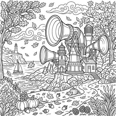 Sound the alarm for autumn creativity with this delightful coloring page featuring majestic fog horns alongside a charming lighthouse. Explore a vibrant fall landscape filled with pumpkins, falling leaves, and coastal beauty, perfect for a relaxing coloring session.