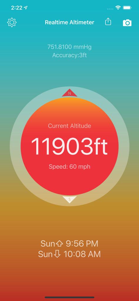 Interface de l'application Altimètre en temps réel montrant l'altitude actuelle de 11 903 pieds et une vitesse de 60 mph avec la pression barométrique et les données de la boussole