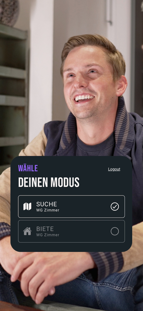 heyroom - WG's suchen & finden - Mode selection screen in the heyroom app with options to search for or offer a room