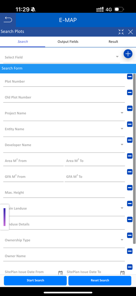 DDA GIS Portal - DDA GIS Portal mobile app search plots screen featuring detailed search forms and plot filters
