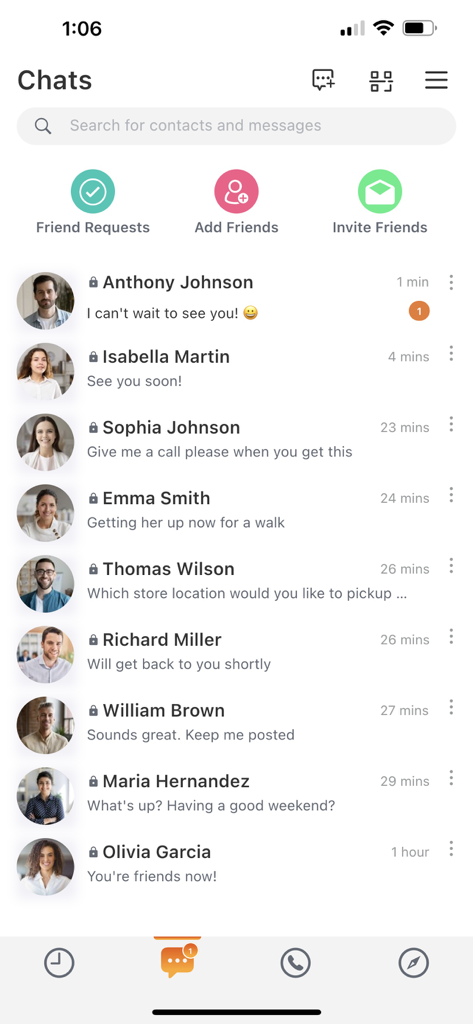 SafeChat — Secure Chat & Share - SafeChat app interface showing a list of secure and encrypted private messages
