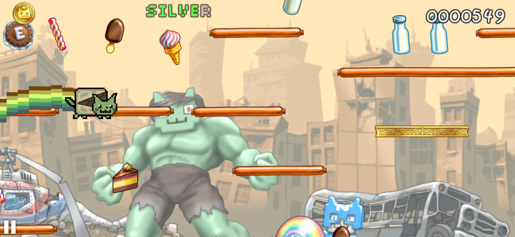Nyan Cat: Lost In Space - Nyan Cat jumping on sausage platforms in a post-apocalyptic city level with a giant green muscular character in the background