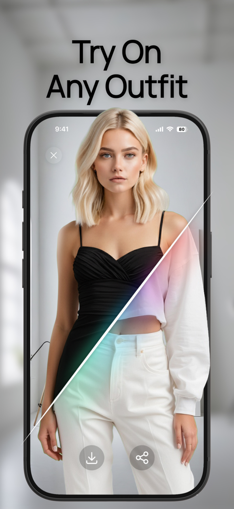 AI Image Generator - VisuAI - A mobile app screenshot of VisuAI showing a split-screen virtual try-on feature with a woman in two different AI-generated outfits.
