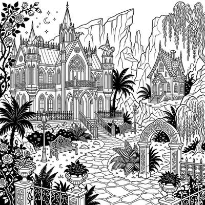 Step into a world where Victorian elegance meets tropical mystery with this captivating Gothic Resort Island coloring page. Discover intricate architecture, lush dark foliage, and dramatic shadows awaiting your artistic touch.