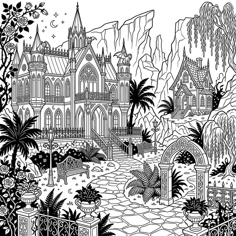 Step into a world where Victorian elegance meets tropical mystery with this captivating Gothic Resort Island coloring page. Discover intricate architecture, lush dark foliage, and dramatic shadows awaiting your artistic touch.