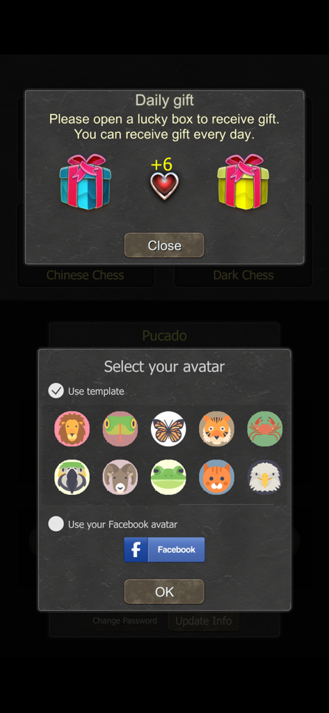 Xiangqi Online - Dark Chess - Daily gift and avatar selection screens in the Xiangqi Online Dark Chess mobile app