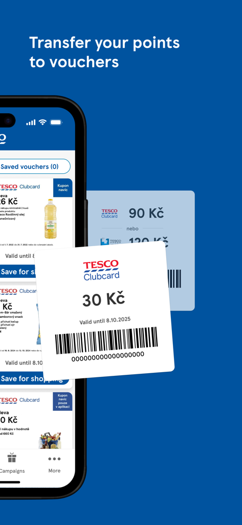 Interface do aplicativo móvel mostrando vales digitais Tesco Clubcard para resgate de pontos
