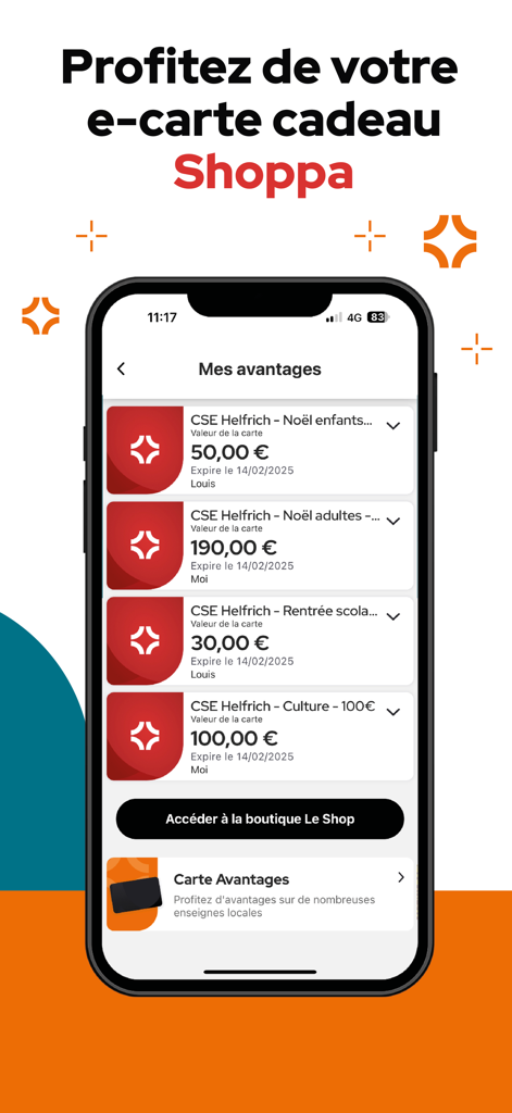 advanGO - 従業員のデジタルギフトカードと特典残高のリストが表示されているadvanGOモバイルアプリ。