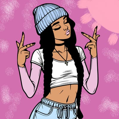 realistic teenage girl with braids and a beanie and crop top doing 🫶🏼