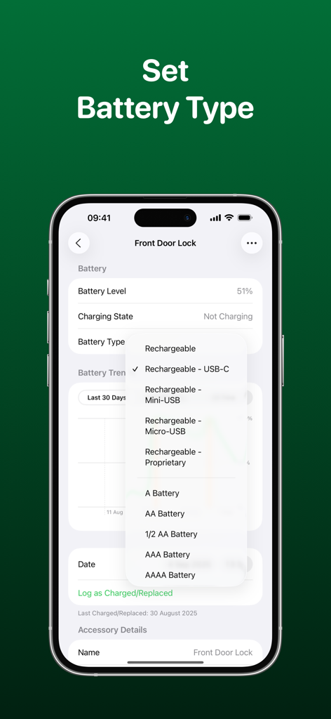HomeBatteries for HomeKit - iPhone screen displaying the battery type selection menu for a smart lock in the HomeBatteries app