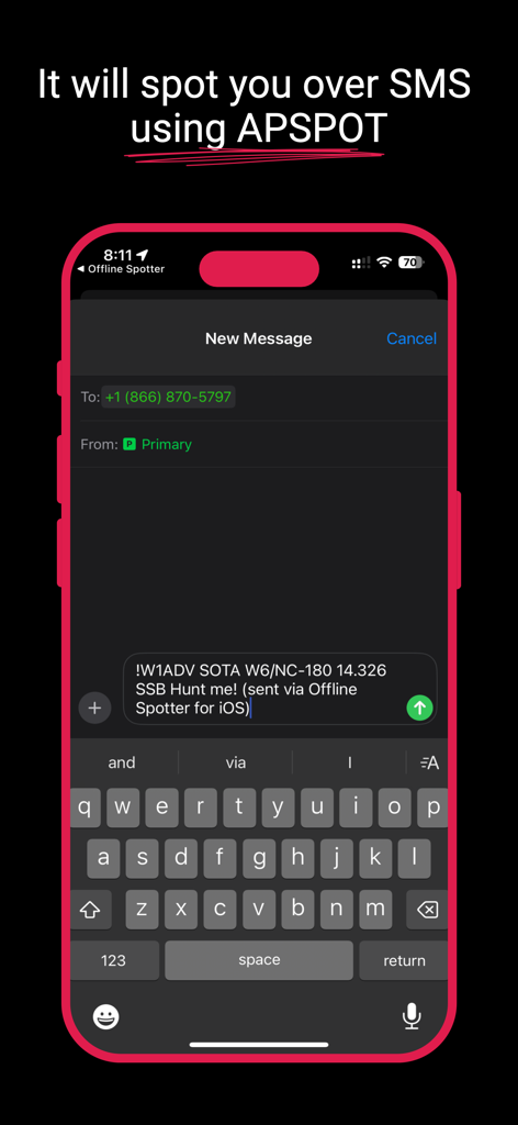 Offline Spotter for POTA/SOTA - Interface of the Offline Spotter app showing a spotting message being composed for the APSPOT service via SMS.