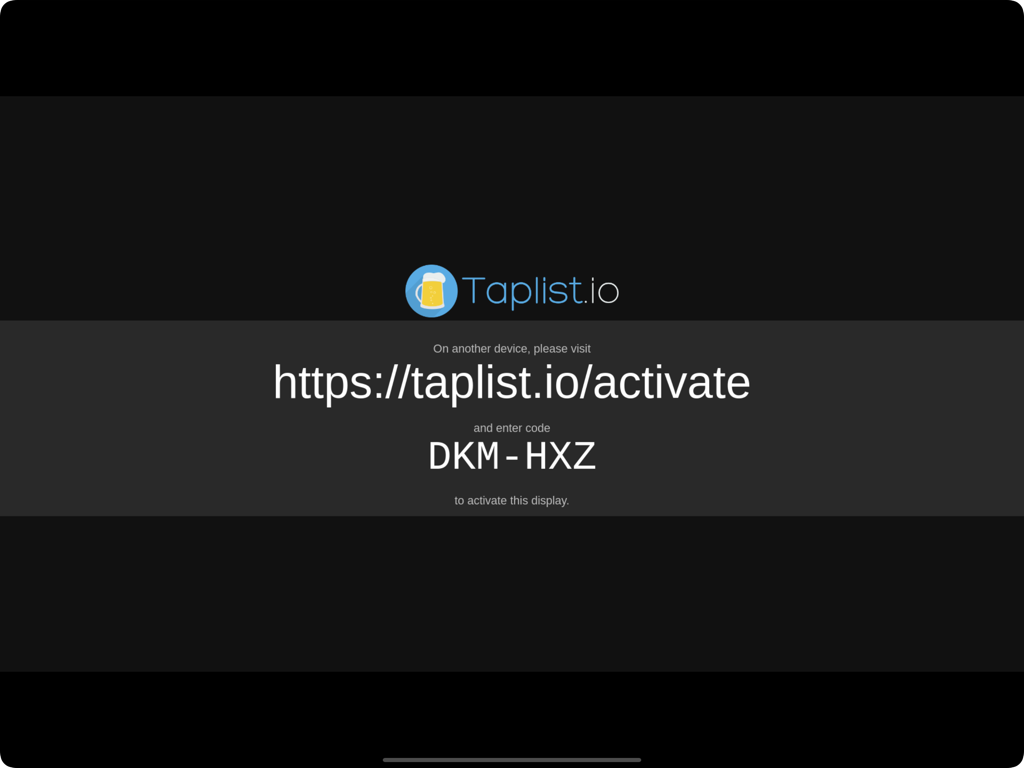 Taplist.io activation screen for digital menu pairing showing a code.