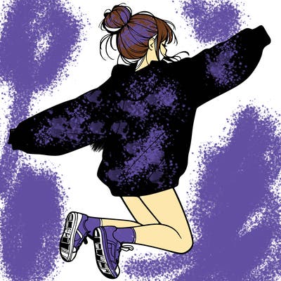 realistic girl jumping with a bun and oversized sweatshirt