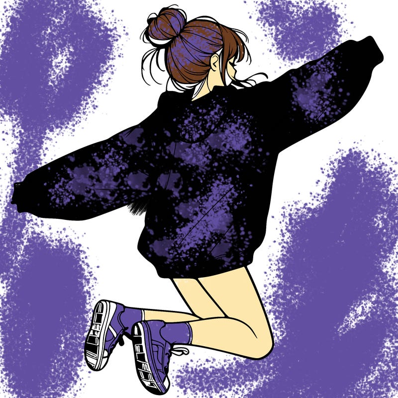 realistic girl jumping with a bun and oversized sweatshirt