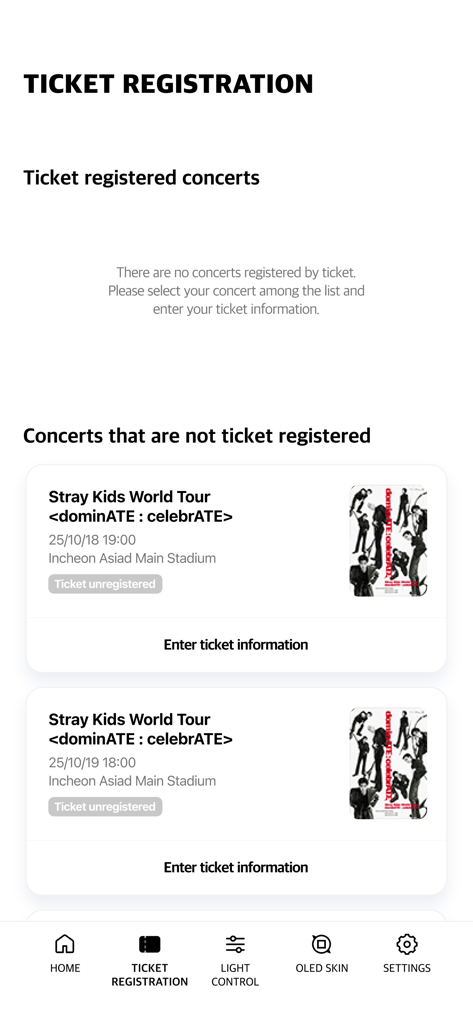 Stray Kids Light Stick V2 - Ticket registration screen in the Stray Kids Light Stick V2 app showing upcoming world tour dates for light stick synchronization