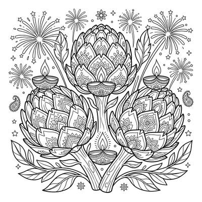 Immerse yourself in the festive spirit of Diwali with this stunning coloring page featuring beautifully adorned artichokes. Discover intricate patterns, radiant diyas, and celebratory fireworks waiting for your creative touch.