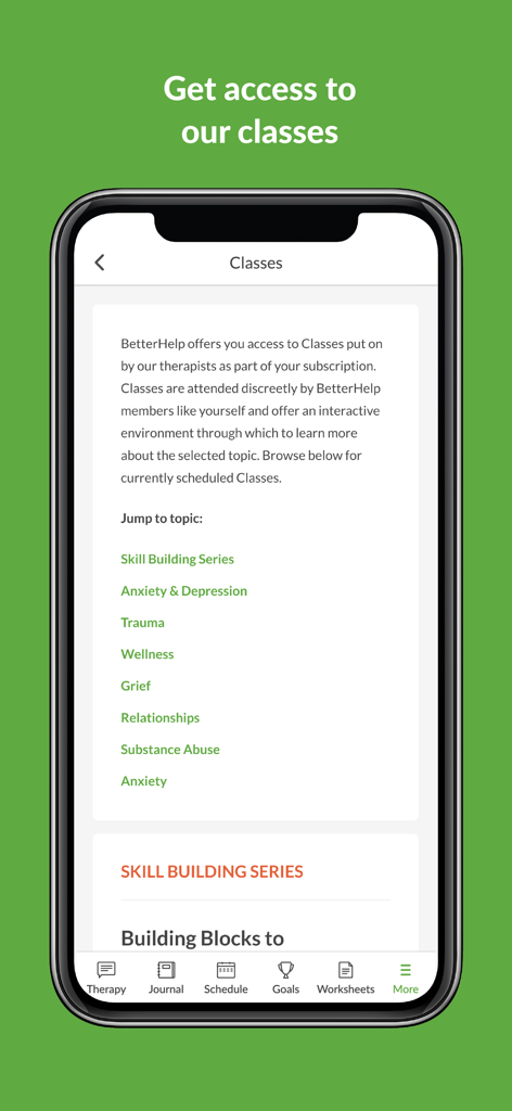 BetterHelp - Therapy - 不安、うつ病、トラウマなどのトピックに関するメンタルヘルス講座のメニューを表示するBetterHelpアプリのスクリーンショット