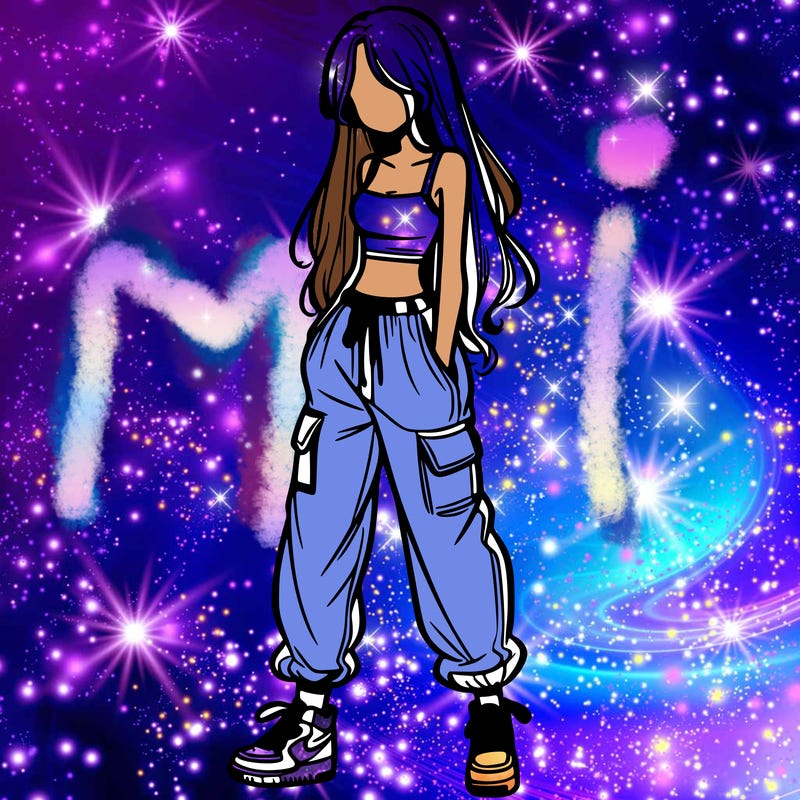 girl in baggy pants crop top and long hair