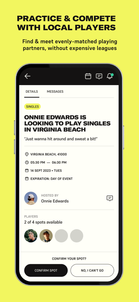 PlayYourCourt mobile app interface showing details for a local tennis singles match