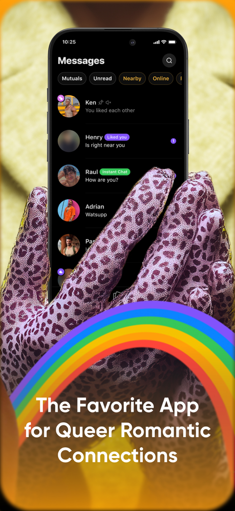 The Taimi app messages screen showing chat conversations and the slogan The Favorite App for Queer Romantic Connections.