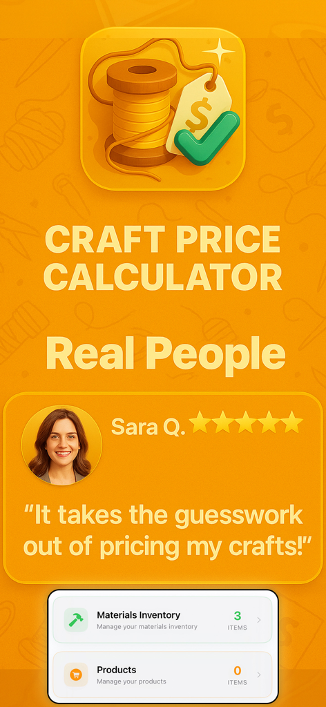Craft Price Calculator - Interfaz de la aplicación Calculadora de Precios de Manualidades que muestra un testimonio de usuario de cinco estrellas y el panel de inventario de materiales