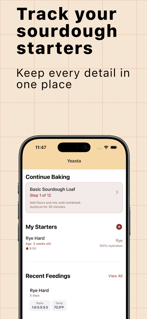 Yeasta: Sourdough Tracker - Um smartphone exibindo a tela inicial do aplicativo Yeasta para rastrear fermentos naturais e o progresso da panificação.