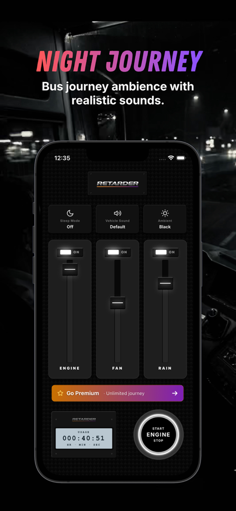 Retarder: Bus sounds - Captura de pantalla de la interfaz de la aplicación Retarder que muestra controles deslizantes de mezcla de audio para el ventilador del motor y los sonidos de lluvia en modo oscuro
