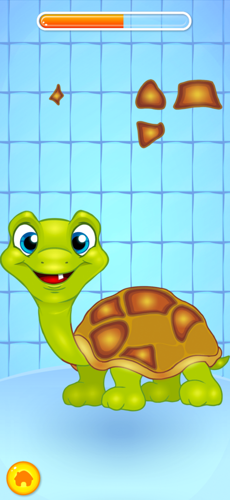 Pet Wash - A cartoon turtle in a bathroom setting with floating shell pieces for a repair mini game