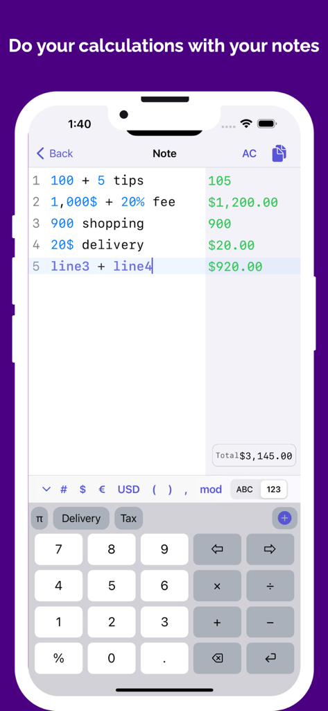 CalcMate - notes calculator - CalcMate app interface on an iPhone showing a list of notes with calculations for tips, fees, and shopping costs