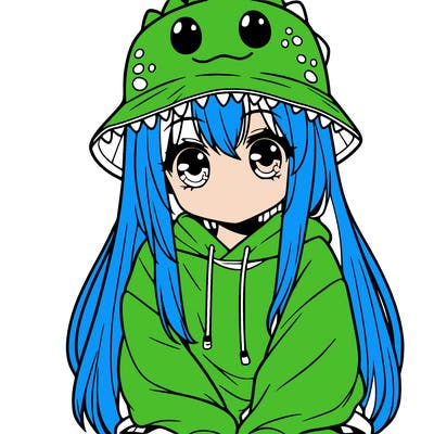 girl with anime shaped eyes with a dinosaur bucket hat oversized sweatshirt long straight hair