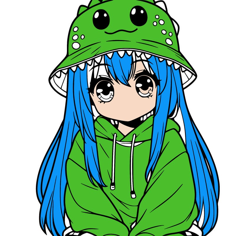 girl with anime shaped eyes with a dinosaur bucket hat oversized sweatshirt long straight hair