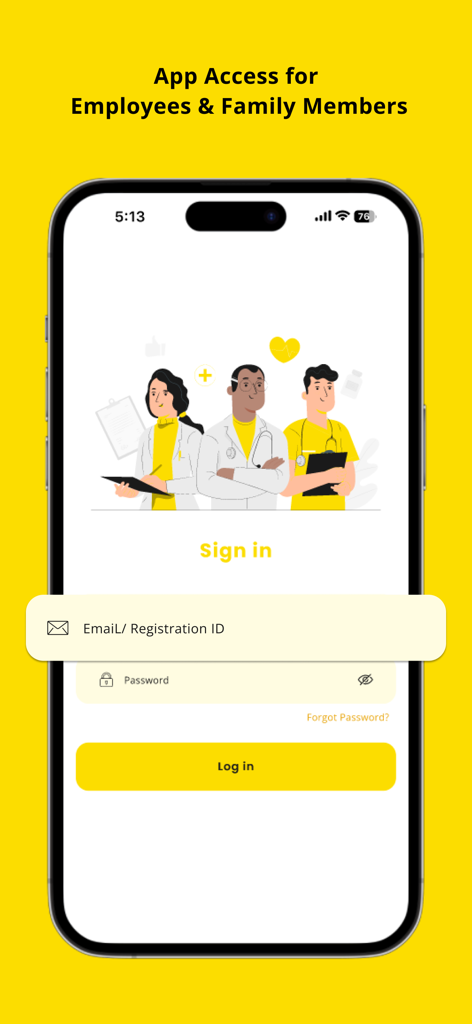 Welcome Cure Holistic Health - Anmeldebildschirm der Welcome Cure Holistic Health App mit Illustrationen von Ärzten und Anmeldefeldern für Mitarbeiter und Familienmitglieder.