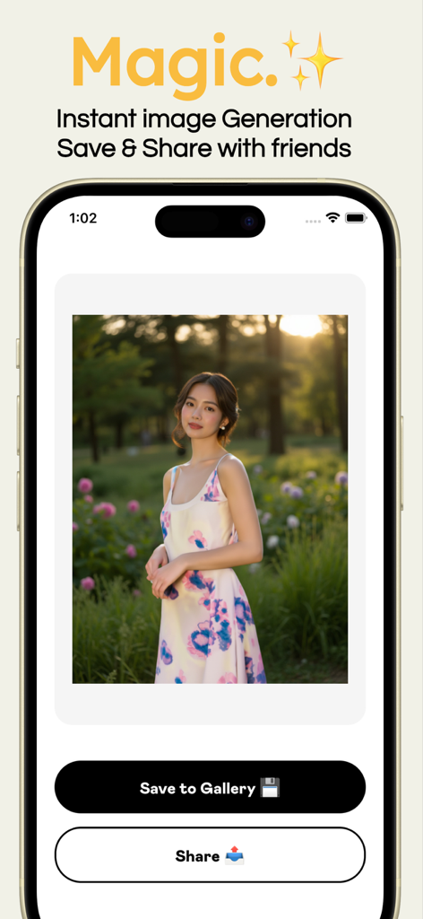 A screenshot of TryFit AI virtual try-on result with options to save to gallery and share with friends.
