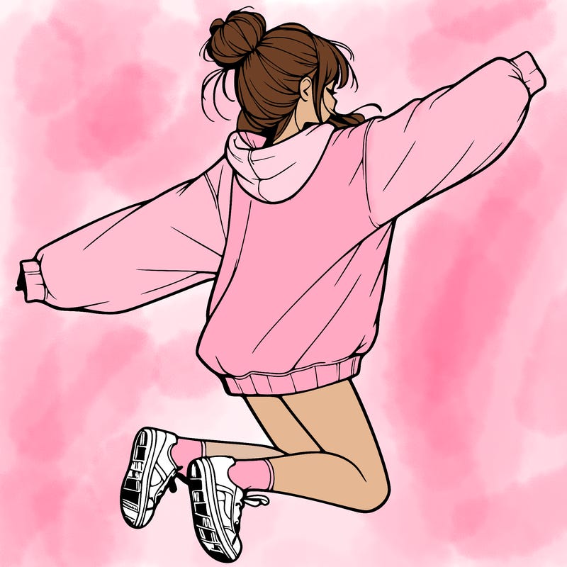 realistic girl jumping with a bun and oversized sweatshirt