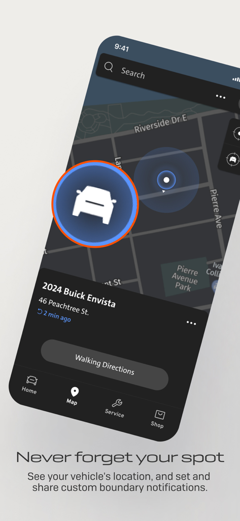 myBuick - myBuick app map interface showing a vehicle's parked location with an option for walking directions