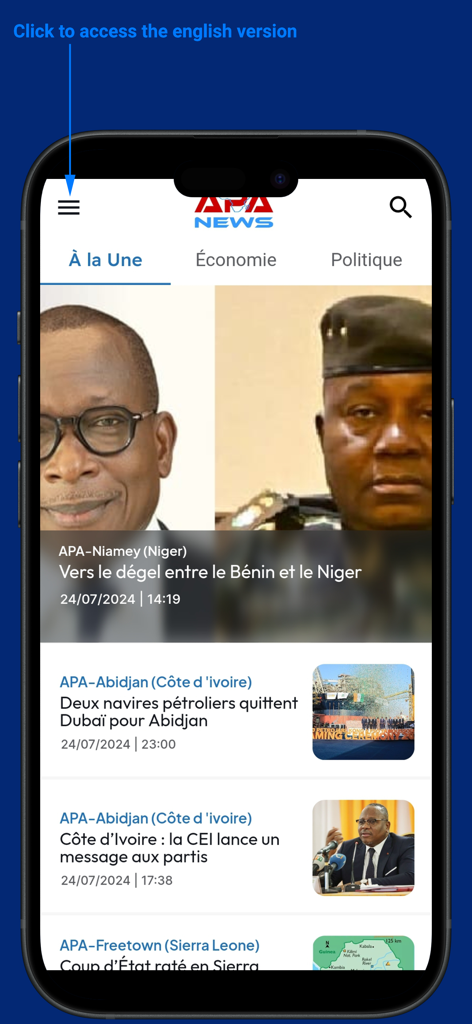 Apanews - Apanewsモバイルアプリのインターフェイスのスクリーンショット。アフリカのニュースの見出しとカテゴリがフランス語で表示されています。