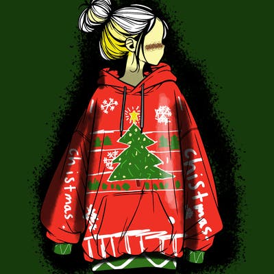 realistic girl with a oversized sweatshirt on and a bun