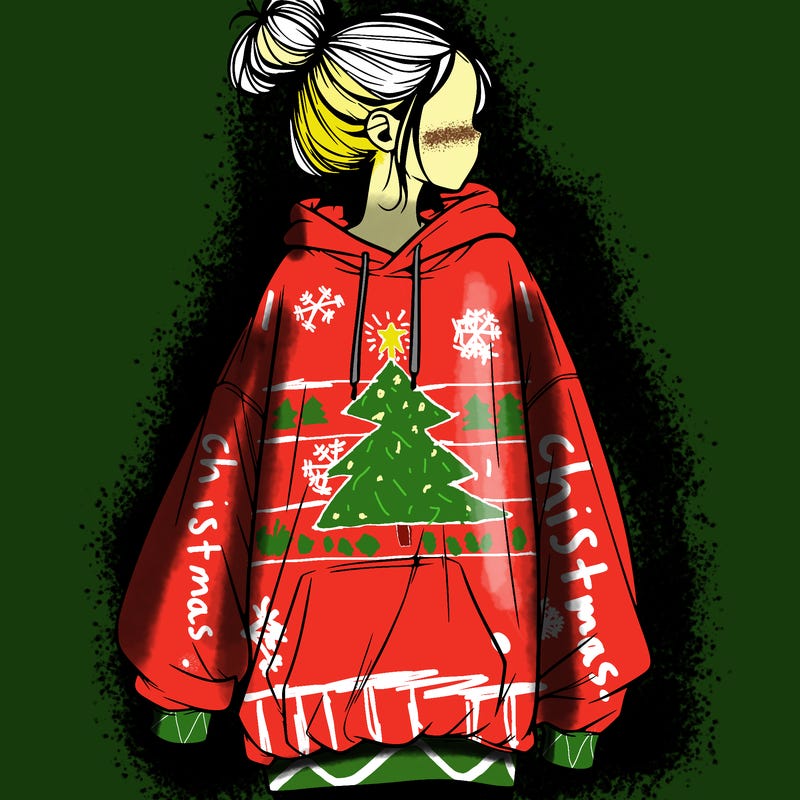 realistic girl with a oversized sweatshirt on and a bun