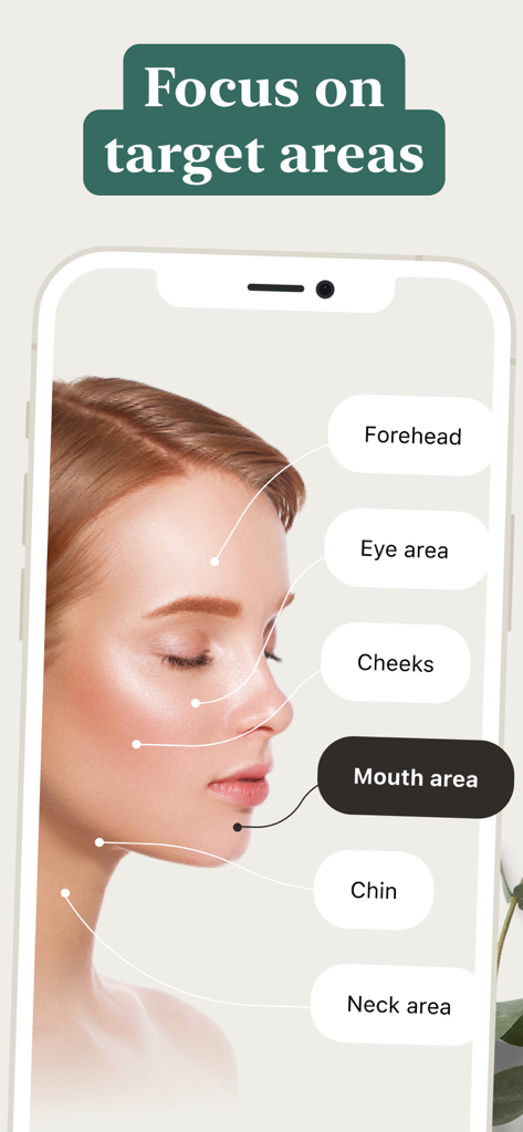 A smartphone screen showing a woman's face with labels for different facial exercise target areas like the mouth, eyes, and cheeks.