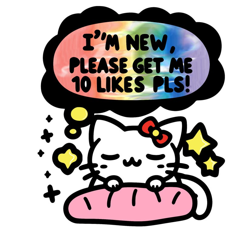 kitty taking a nap dream talking and saying "i'm new, please get me at least 10 likes pls!!"