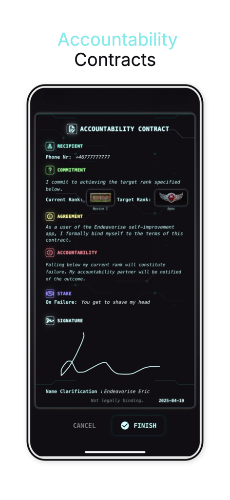 A gamified accountability contract interface in the Endeavorise app showing rank commitments and social stakes with a digital signature